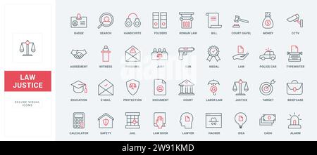 Justice and law, judgment line icons set. Legal document, education and court building, book and gavel of judge, handcuff and jail for criminals thin black and red outline symbols, vector illustration Stock Vector