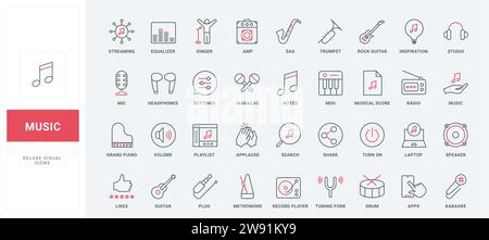 Music equipment to play, listen and record audio sound line icons set. Headphones and mic, notes and smartphones player for songs, radio thin black and red outline symbols, vector illustration Stock Vector