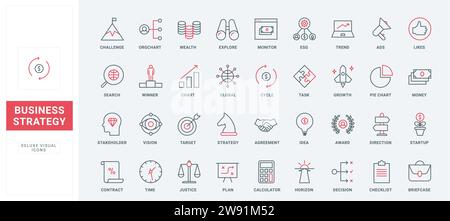Business growth strategy, ideas for company success thin black and red line icons set vector illustration. Outline corporate ethics, data presentation symbols, direction arrow and spyglass for vision Stock Vector