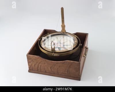 Azimuth Compass, Johannes van Keulen (I), c. 1750 compass Azimutkompas in Cardanusring in a wooden box, the lid of which is missing. The cardanus ring can be turned for polls. The compass has a fixed pelorus, the boiler is weighted with a lead weight at the bottom. The rose is made of mica, covered with paper on both sides; It is colored by hand and balanced with some black lacquer on the bottom. Amsterdam wood (plant material). brass (alloy). iron (metal). lead (metal). glass. precious stone (material). lacquer (coating). yarn. paper Stock Photo
