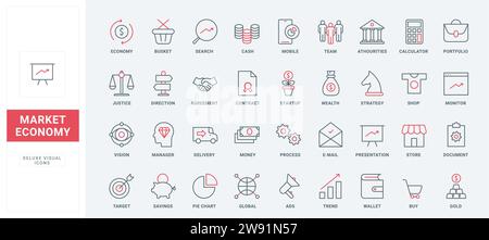 Commercial business strategy, market economy thin black and red line icons set vector illustration. Outline finance presentation and marketing symbols, agreement with partners and portfolio, savings Stock Vector