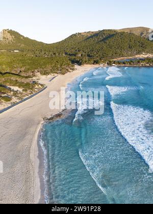 Cala Agulla beach in Majorca aerial view. Balearic Islands, Mediterranean Sea. Stock Photo