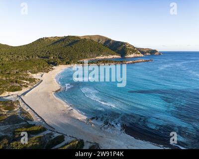 Cala Agulla beach in Majorca aerial view. Balearic Islands, Mediterranean Sea. Stock Photo