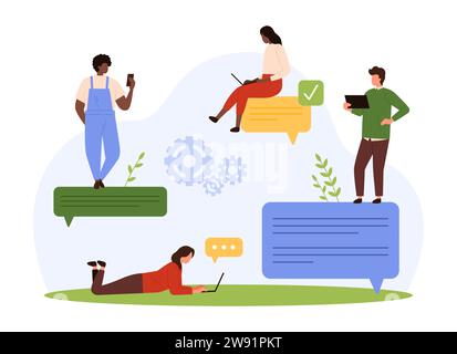 Chat conversation in social media vector illustration. Cartoon tiny people sitting and standing on speech bubbles with dialog text, characters receive and send instant SMS in online communication Stock Vector