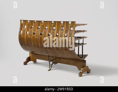 Model of Part of a 74-Gun Ship of the Line, Rijkswerf Vlissingen (possibly), c. 1833 demonstration model Construction model in the longitudinal section of the middle part of the hull of a ship, on a standard. The skin has been omitted and the model shows the construction with diagonal context according to Soetermeer's system on fifteen -part trusses. Four decks are indicated, two of which are with diagonal warp in the web; The deck beams are worn by brass knees. The model has twenty gates. Scale 1:40. Flushing (possibly) wood (plant material). brass (alloy) Stock Photo