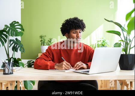 Freelancer taking down notes using laptop sitting at desk in home office Stock Photo