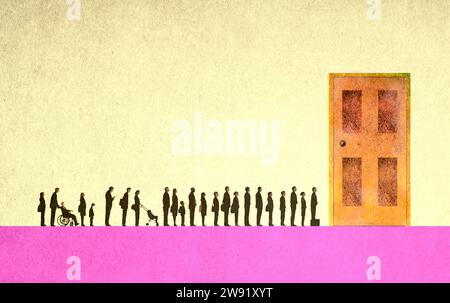 Line of people waiting in front of oversized door Stock Photo