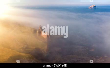 UK, Scotland, North Berwick, Aerial view of Tantallon Castle shrouded in morning fog Stock Photo