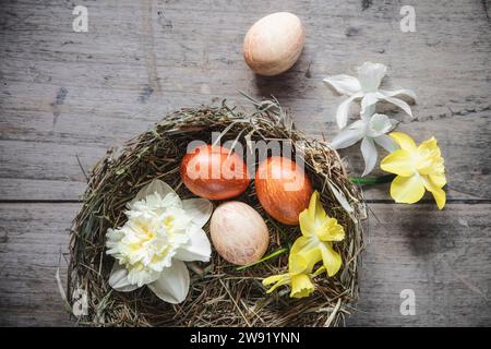 Easter eggs and daffodil heads in decorative nest Stock Photo