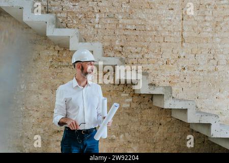 Happy architect wearing hardhat standing with blueprints at site Stock Photo