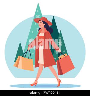 Woman carrying shopping bags wearing warm clothes, seasonal winter sale, flat design, vector illustration. Stock Vector