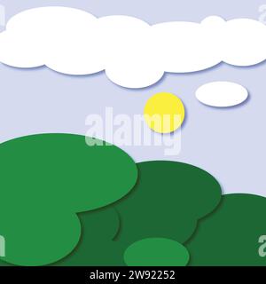 Sunny day summer landscape illustration. Paper cutout style with green grass. Stock Vector