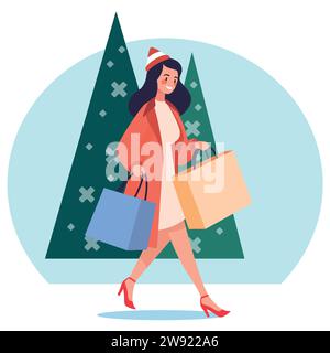 Woman carrying shopping bags wearing warm clothes, seasonal winter sale, flat design, vector illustration. Stock Vector