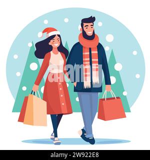 Male and female couple carrying shopping bags wearing warm clothes, seasonal winter sale, flat design, vector illustration. Stock Vector