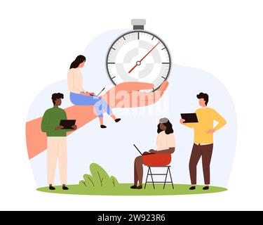 Time management vector illustration. Cartoon human hand holding stopwatch with arrow among working tiny people with laptop and tablet, business timing, self organization and day planning of employees Stock Vector