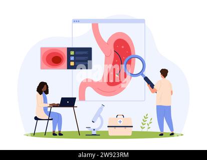 Diagnostics of stomach disease, endoscopy procedure in gastroenterology vector illustration. Cartoon tiny people check human digestive system with camera on endoscope for gastritis diagnosis Stock Vector