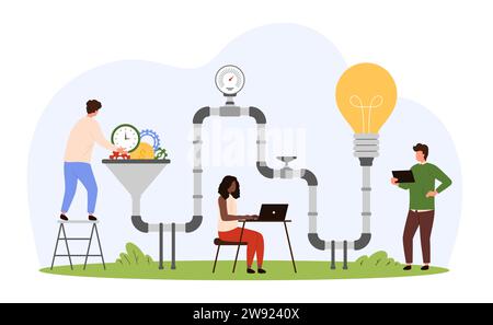 Idea generation with funnel, marketing strategy and ecommerce. Tiny people exchange money, gears and time to creative content in machine with cone filter with pipes cartoon vector illustration Stock Vector