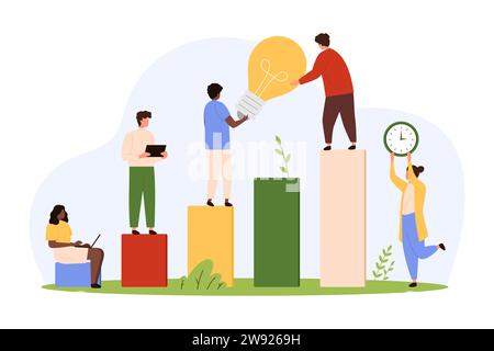 Professional career and creative ideas, opportunity for business development vector illustration. Cartoon tiny people holding light bulb with efforts on top of ladder with steps, solidarity in support Stock Vector