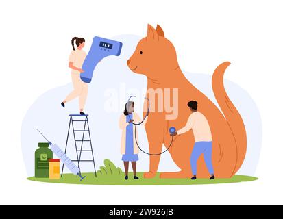 Medical examination of cat in veterinary clinic. Tiny people check health of giant cute red kitten, veterinarian holding infrared thermometer and stethoscope on checkup cartoon vector illustration Stock Vector