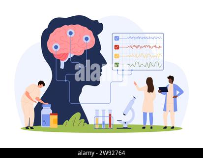 Scientific brain disease research vector illustration. Cartoon tiny people test human brain in patients head through sensors connected to lab EEG machine, neurologists examine electroencephalography Stock Vector