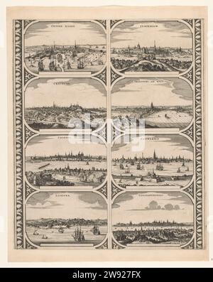 Coppen Hagen / Cracovia / Colonia / Lisbona / Stockholm / Francfurt am Main / Antwerp / Constantinopolis, Anonymous, 1670 - 1672 print Leaf with two vertical strips, each with four faces on cities in Europe: Copenhagen, Krakow, Cologne, Lisbon, Stockholm, Frankfurt am Main, Antwerp and Constantinople. Numbered below: 2. Unsitured leaf with eight edge figures intended to stick a map of a continent in strips as a frame. Amsterdam paper etching maps of cities. prospect of city, town panorama, silhouette of city Copenhagen (City). Krakow. Cologne. Lisbon. Stockholm. Frankfurt am Main. Antwerp. Con Stock Photo