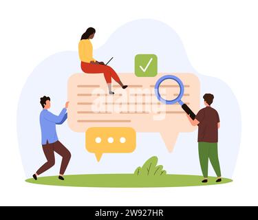 User identification, information search in chat history. Tiny people looking through magnifying glass at speech bubble of online message to find lost data and notice cartoon vector illustration Stock Vector