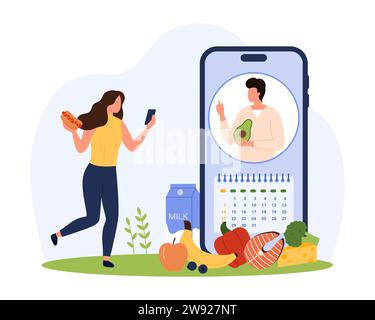 Healthy eating plan from nutritionist, weight loss program in mobile app. Tiny woman planning balanced daily meals in calendar on advice of dietician on phone screen cartoon vector illustration Stock Vector