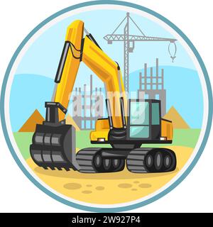 Yellow building excavator vector image in circle with construction area background during excavating, digging works. Stock Vector