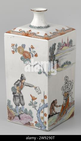 Square bottle with caricatures of the trade speculation of 1720, anonymous, c. 1720  Square bottle of porcelain with a narrow, spreading neck, painted on the glaze in blue, red, green, yellow, purple, brown, black and gold. Twice on the wall two performances: a European man in a landscape in a flourishing plant, under his one arm a bunch of carrots and in the other hand a note with 'Hoorn carrots'; A river landscape with a monkey in the foreground, which bombarded a bombarded on a red cane, leaving several notes here with the inscription 'Evening action', 'Walking fire', 'West', '1000', 'He ju Stock Photo