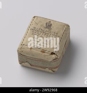Régie-tobacco, In brown paper with French-language on one side and  Dutch-language inscription on the other, packaged tobacco, closure of  blue-gray paper with red print 'Manuf. Impériale d'Amsterdam / Tabac à  fumer, un