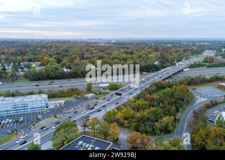 Here is an aerial view from air of freeway I-95 route to NJ Turnpike with heavy traffic moving rapidly Stock Photo