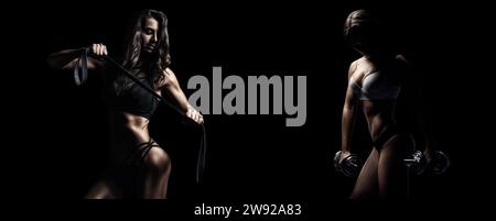 Two athletes posing against a black background. Bodybuilding versus Fitness concept. Mixed media Stock Photo