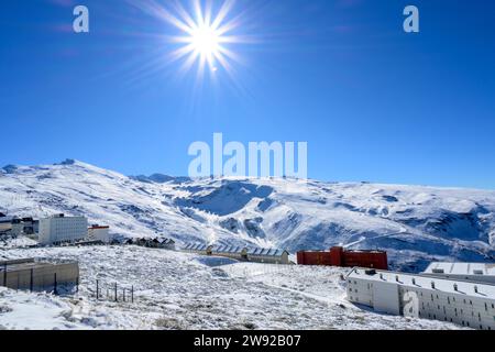 Panoramic view of sierra nevada, hotels and high performance sports center in the mountains Stock Photo
