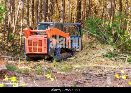 Contractor used tracked general purpose vehicles forestry mulcher that cleans soil in forest Stock Photo