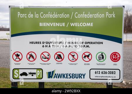 Welcome to Confederation Park sign in Hawkesbury, Ontario, Canada Stock Photo
