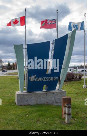 Welcome to the town of Hawkesbury sign at Confederation Park in Ontario, Canada Stock Photo