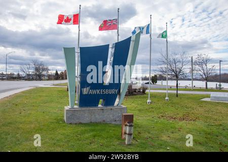 Welcome to the town of Hawkesbury sign at Confederation Park in Ontario, Canada Stock Photo