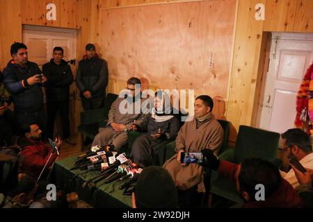 Protest Against Civilians Killing In Jammu And Kashmir December 23,2023, Srinagar Kashmir, India : Former Jammu and Kashmir Chief Minister Mehbooba Mufti, leader of The Jammu and Kashmir Peoples Democratic Party PDP speaks during a press conference in Srinagar. Political Parties of Kashmir valley stage protest against alleged death of three civilians in border district of Poonch in Jammu and Kashmir. The three people were found dead under mysterious circumstances on 22 December evening, at the same place where four soldiers were killed and three others injured in a militant attack on 21 Decemb Stock Photo