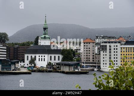 Wooden buildings and house along water front in Bergen, Norway. Stock Photo