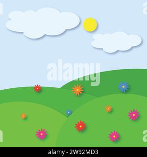 Classic spring and summer concept illustration in paper cutout style. Cartoon warm landscape. Stock Vector