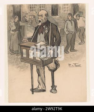 Former General as Street Musician, Jan de Waardt, 1895 - 1899 drawing A war veteran, formerly General in India and who has lost his left leg in battle, tries to make money as a street musician with singing and a barrel organ. On the chest the Military William Order. In the background a mother with child in her arms and three children playing on a staircase, two men on the right. Netherlands paper. chalk. watercolor (paint). ink. pencil pen / brush veteran. wooden leg. singer accompanying himself - CC - out of doors. barrel-organ player - CC - out of doors Netherlands Stock Photo