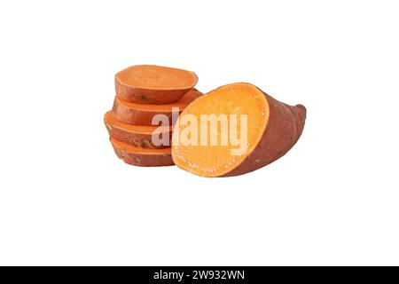 Boniato or sweet potato sliced tube with red skin and yellow flesh isolated on white. Vegetable food staple. Stock Photo