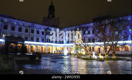 Ducal Castle of Szczecin (Pomeranian Dukes' Castle) illuminated for Christmas and festive season - West Pomerania , Szczecin Poland Stock Photo