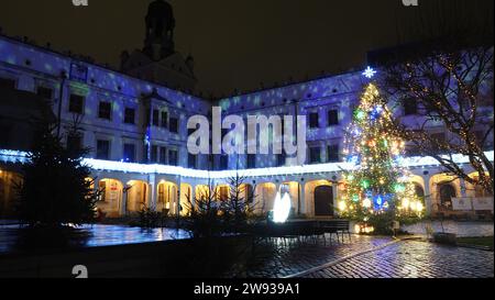 Ducal Castle of Szczecin (Pomeranian Dukes' Castle) illuminated for Christmas and festive season - West Pomerania , Szczecin Poland Stock Photo