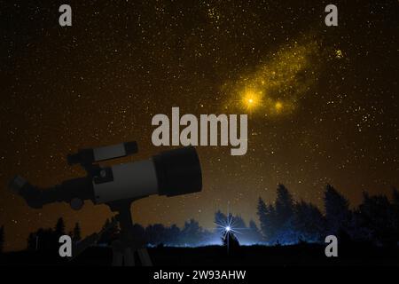 Astronomy. Viewing beautiful starry sky through telescope at night Stock Photo