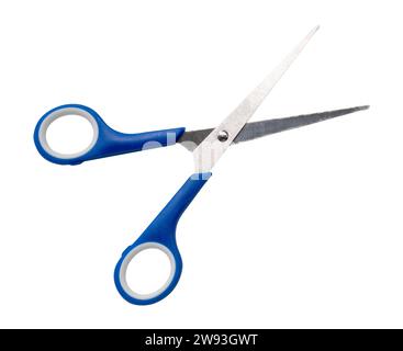 Small multipurpose scissors with blue handle is isolated on white background with clipping path. Stock Photo