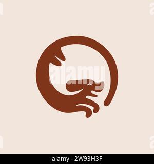 A logo featuring the silhouette of a happy and smiling brown dog joyfully chasing its own tail, designed in a circular shape. Stock Vector