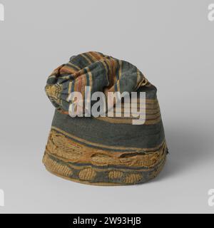 Woollen Caps Worn by Dutch Whalers, anonymous, c. 1740 - c. 1760  Hat, finely knitted and multi -colored with red, green, blue, yellow and white horizontal stripes, lined with a coarsely knitted light brown hat. The top of the outer hat falls limp over the inside hat and the whole looks a bit like a sleeping cap. The outer hat is knitted in Tricot-Steek with fifty-five stitches and a hundred needles per ten centimeters and consists of two parts, cut from a large flat flat knit.  wool   Spitsbergen. Svalbard. Zeeuwsche Uytkyck Stock Photo