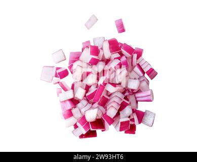 Top view of red or purple onion slices is isolated on white background with clipping path. Onion chopped Stock Photo