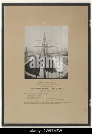 HMS Boadicea, under repair in the graving dock, Table Bay, Cape of Good Hope, c. 1875 - c. 1900 photograph Framed black and white photo of HMS Boadicea, for repair in the dry dock in Table Bay, Cape the Good Hope. Stuck on paper. Under the photo inscription. Cape of Good Hope paper. cardboard. glass collotype  Cape of Good Hope Stock Photo